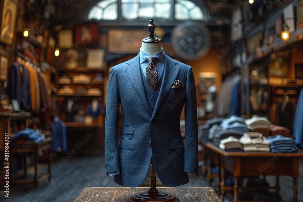 Men's shirt in the form of dark blue suits on a mannequin in the atelier Men's shirt in the form of dark blue suits on a mannequin in the atelier