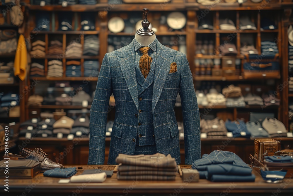 Men's shirt in the form of dark blue suits on a mannequin in the atelier Men's shirt in the form of dark blue suits on a mannequin in the atelier