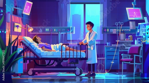 Banner with doctor and patient in hospital ward. Modern landing page of health clinic with cartoon illustration of sick woman on adjustable bed and man doctor. photo