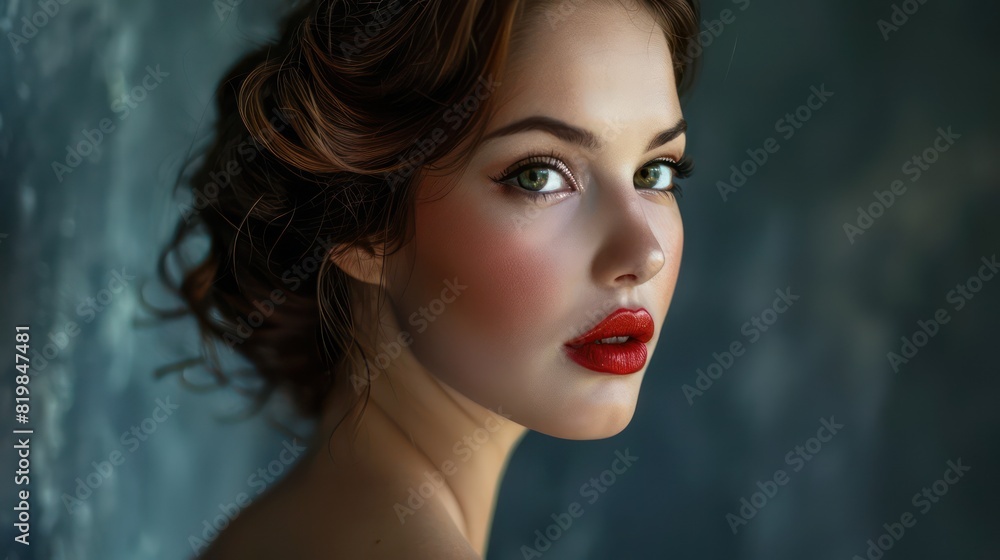 A captivating portrait captures the allure of a young woman with chestnut brown hair, her exquisite evening makeup emphasizing her natural beauty as she gazes warmly at the viewer. A captivating portrait captures the allure of a young woman with chestnut brown hair, her exquisite evening makeup emphasizing her natural beauty as she gazes warmly at the viewer.