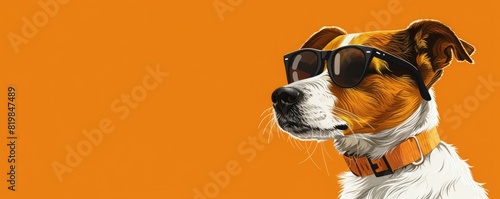 A cool dog wearing sunglasses is looking at you. It's a hot summer day and he's ready to hit the beach.