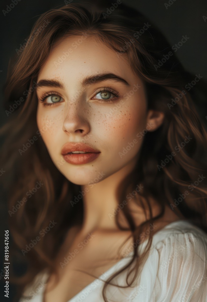 A captivating portrait of a brown-haired beauty showcases her delicate evening makeup, her kind gaze evoking a sense of warmth and charm. A captivating portrait of a brown-haired beauty showcases her delicate evening makeup, her kind gaze evoking a sense of warmth and charm.