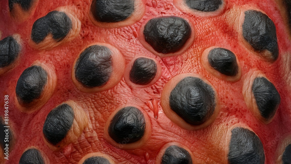 A close up of a red and black skin with lots of holes, AI A close up of a red and black skin with lots of holes, AI