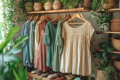 Organic eco clothes on a hanger Home-made clothing from natural and processed fabrics, natural vegetable ingredients Eco-friendly dresses and shirts