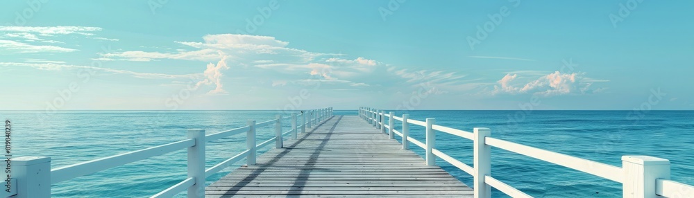 A beautiful beach with a long pier extending out into the ocean. The water is a crystal-clear blue and the sky is a bright, sunny yellow.