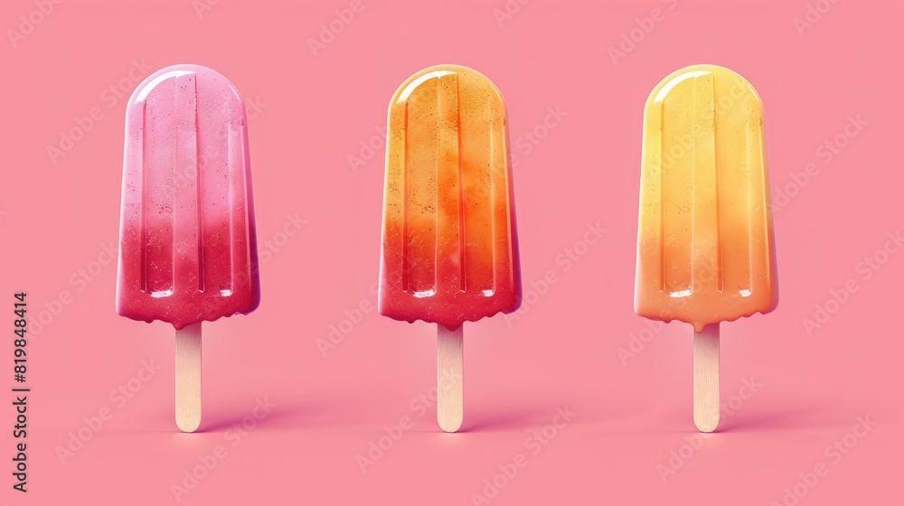Three bright and colorful popsicles on a pink background. The perfect treat for a hot summer day! Three bright and colorful popsicles on a pink background. The perfect treat for a hot summer day!