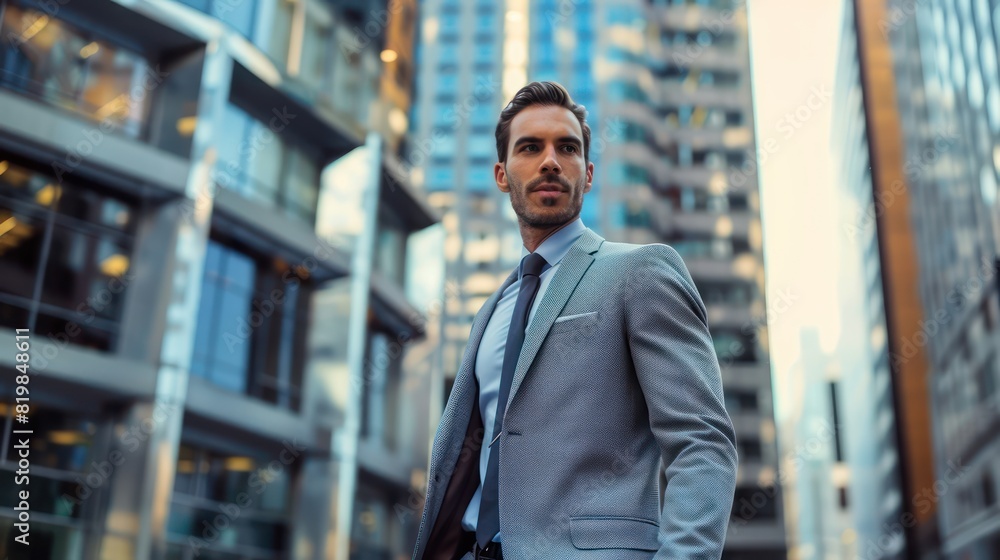 A handsome executive walks with purpose through the urban landscape, his expression radiating determination and ambition. A handsome executive walks with purpose through the urban landscape, his expression radiating determination and ambition.