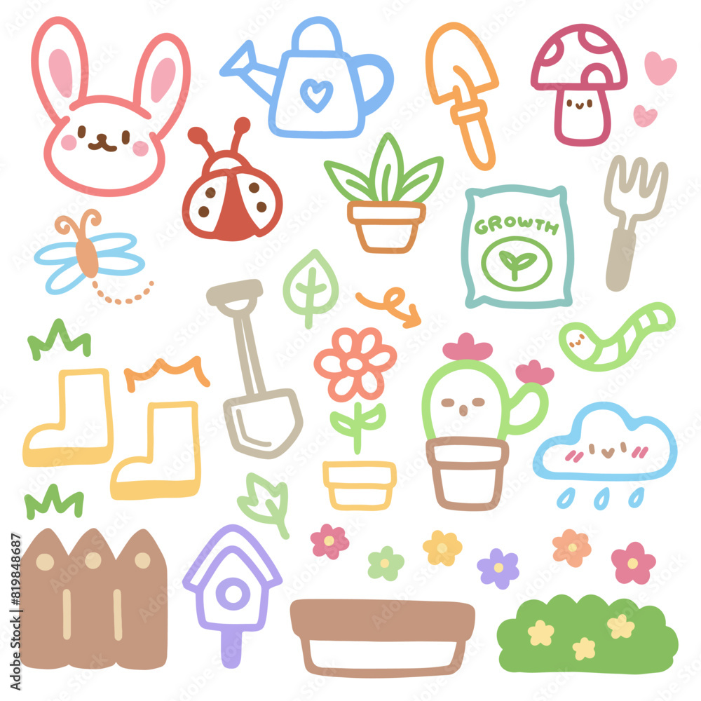 Cute doodle hand drawn kids set. Colorful element of bunny, mushroom, cactus, ladybug, watering can and flowers. Cute doodle hand drawn kids set. Colorful element of bunny, mushroom, cactus, ladybug, watering can and flowers.