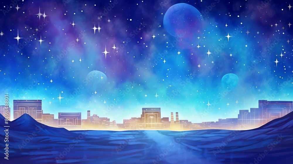 Cityscape under a starry night background with a sky full of planets ...