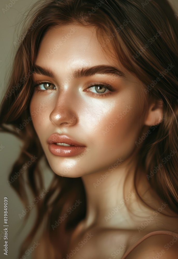 A perfect model with luscious brown hair and elegant makeup looks directly at the camera with a soft, tender expression, radiating beauty and poise. A perfect model with luscious brown hair and elegant makeup looks directly at the camera with a soft, tender expression, radiating beauty and poise.
