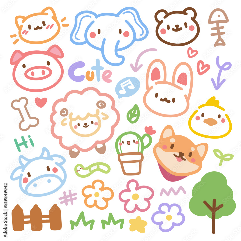 Fototapeta premium Cute doodle hand drawn kids set. Colorful element of cat, panda, bear, bunny, dog and flowers.