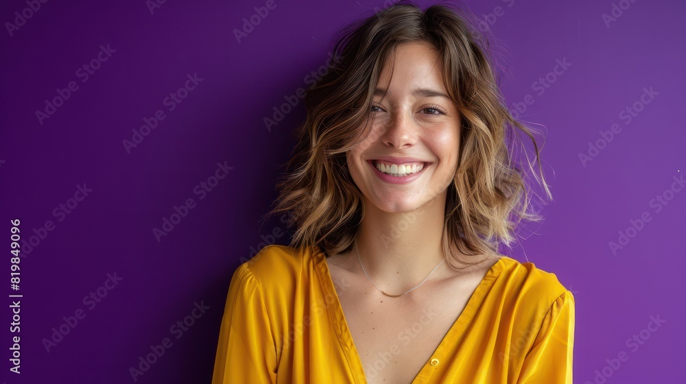 A portrait of a content and attractive woman showcases her radiant smile and impeccable style against a vibrant purple background, exuding warmth and charm. 