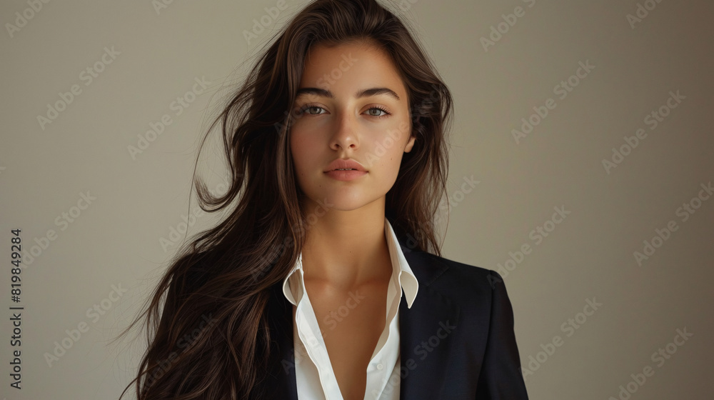 Young lady in a business-appropriate outfit, standing confidently in a studio setting Young lady in a business-appropriate outfit, standing confidently in a studio setting