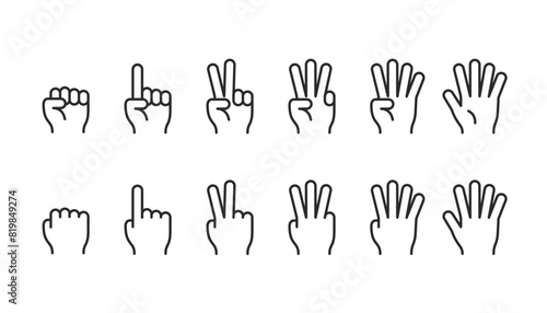 Finger Counting Gestures, linear style icon set. Hands showing numbers one through five. Hand signals for basic numerals. Editable stroke width.