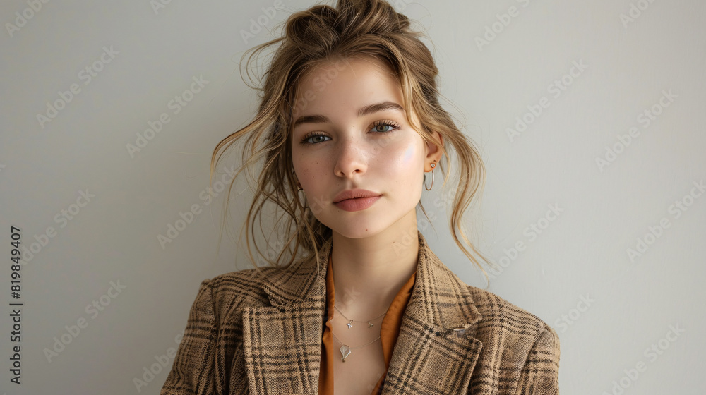 Young lady in a business-appropriate outfit, standing confidently in a studio setting Young lady in a business-appropriate outfit, standing confidently in a studio setting