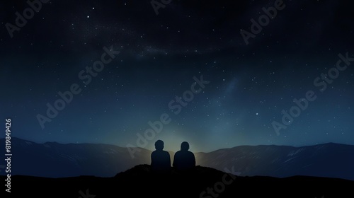 Silhouette of two people sitting under a starry night sky, gazing at the Milky Way. A serene moment capturing the beauty of the universe.