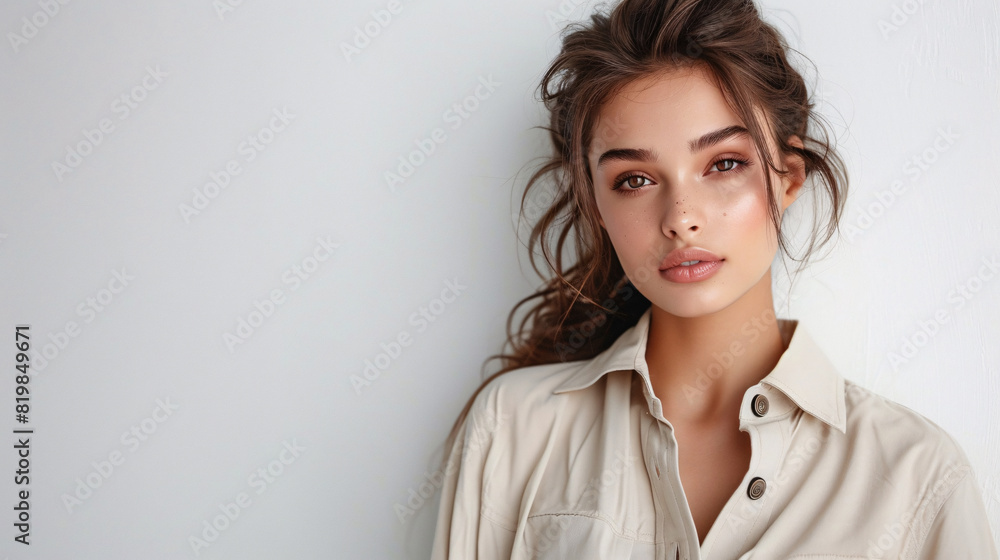 Young stylish woman in a beige casual wear, posing against a white background with a glamorous look Young stylish woman in a beige casual wear, posing against a white background with a glamorous look