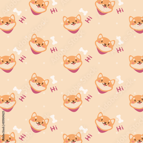 Kawaii cute seamless pattern with shiba inu dog and bone on orange Background