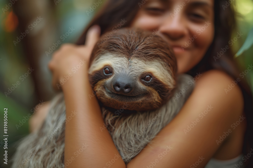Fototapeta premium A woman is gently cradling a threetoed sloth in her embrace. Generative AI