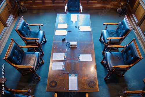 A jury deliberation room with chairs around a table, legal documents, and notepads, representing the decision-making process in a trial