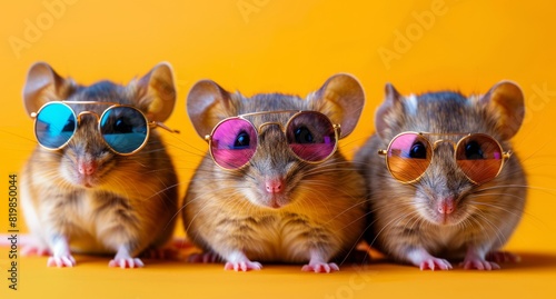 Creative animal concept. Group of mouse mice in funky Wacky wild mismatch colorful outfits isolated on bright background