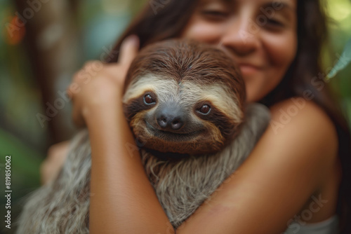 A woman is gently cradling a threetoed sloth in her embrace. Generative AI photo