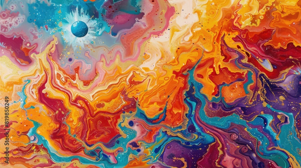 A closeup of a vibrant abstract painting depicting a magenta wind wave pattern, resembling a liquid landscape. The colors blend like water in motion AIG50