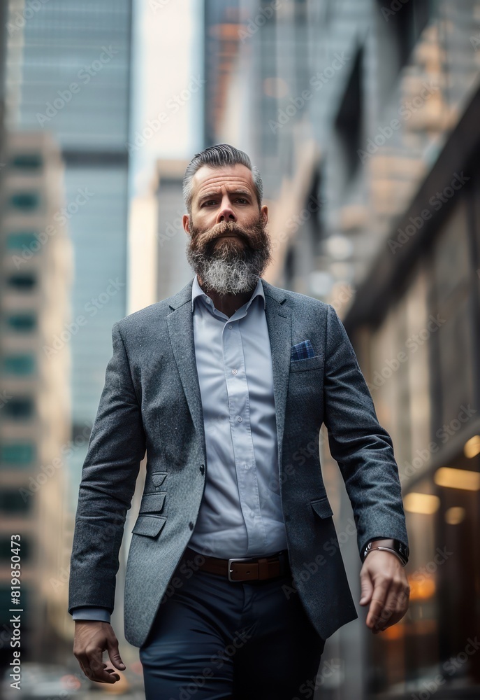 An accomplished executive with a striking beard strides through the cityscape, his gaze focused on the path ahead. An accomplished executive with a striking beard strides through the cityscape, his gaze focused on the path ahead.