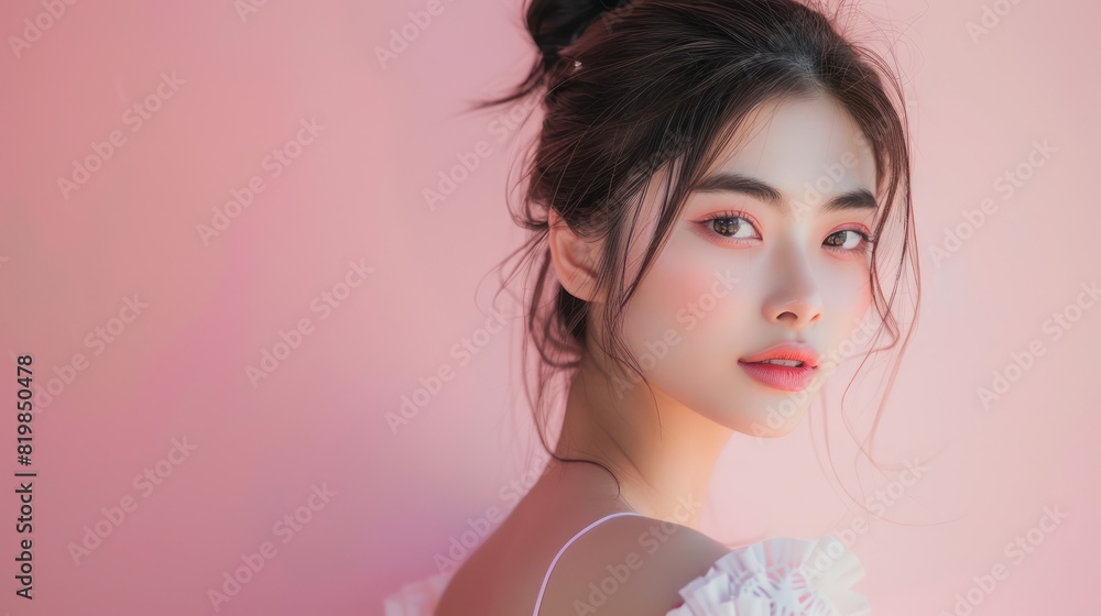 An alluring image captures the allure of a young Asian woman, her captivating gaze and stunning dress complemented by the soft pink backdrop. 