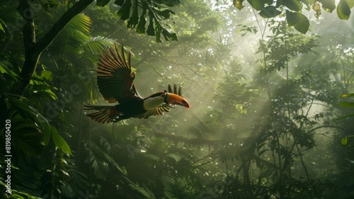 jungle of yucatan at 12 pm, toucan flying,, documental photograpy, photographic grain, © Thanunchnop