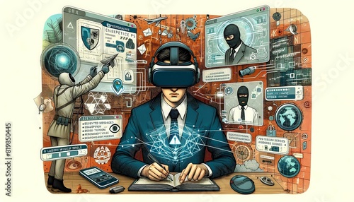 An illustration of a detective specializing in espionage uses VR to uncover spies and decode secret messages. photo