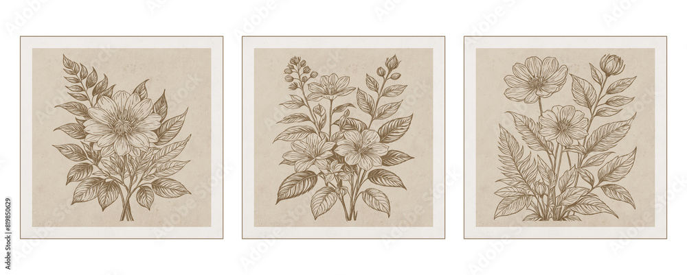 Set of 3 Printable botanical illustration. Rustic style home decor, wall decoration, picture in the frame. Grunge, vintage illustration. Generated by Ai Set of 3 Printable botanical illustration. Rustic style home decor, wall decoration, picture in the frame. Grunge, vintage illustration. Generated by Ai