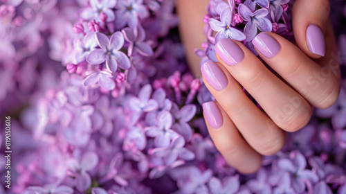 Woman's hand with purple manicure on lilac flowers background