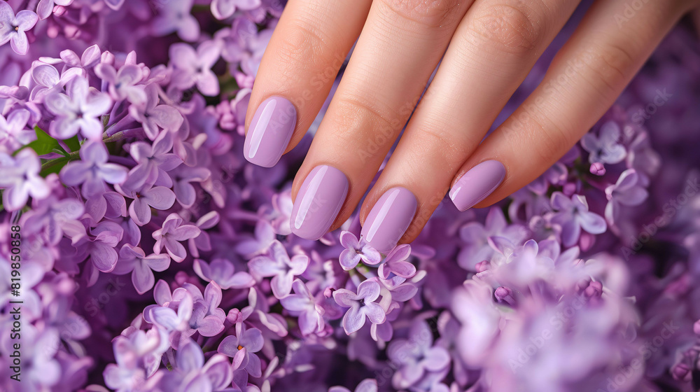 Fototapeta premium Woman's hand with purple manicure on lilac flowers background