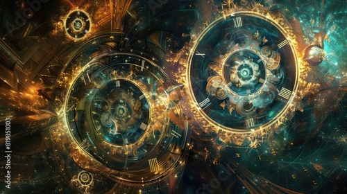 An abstract representation of time  with swirling clocks and hourglasses merging and diverging.