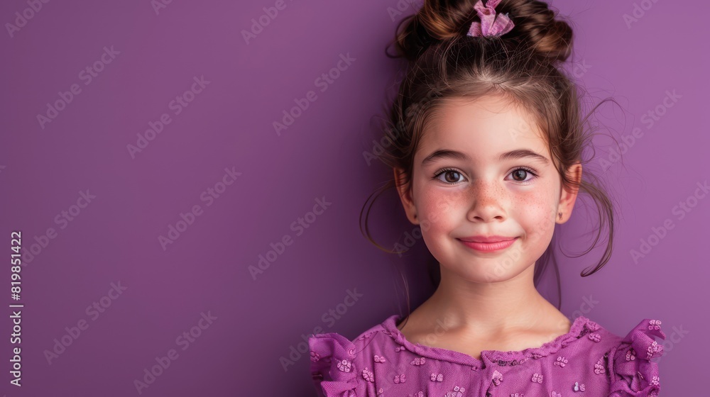 An isolated portrait captures the beauty and elegance of a cheerful girl, dressed in luxurious attire and exuding confidence against a striking purple background. An isolated portrait captures the beauty and elegance of a cheerful girl, dressed in luxurious attire and exuding confidence against a striking purple background.