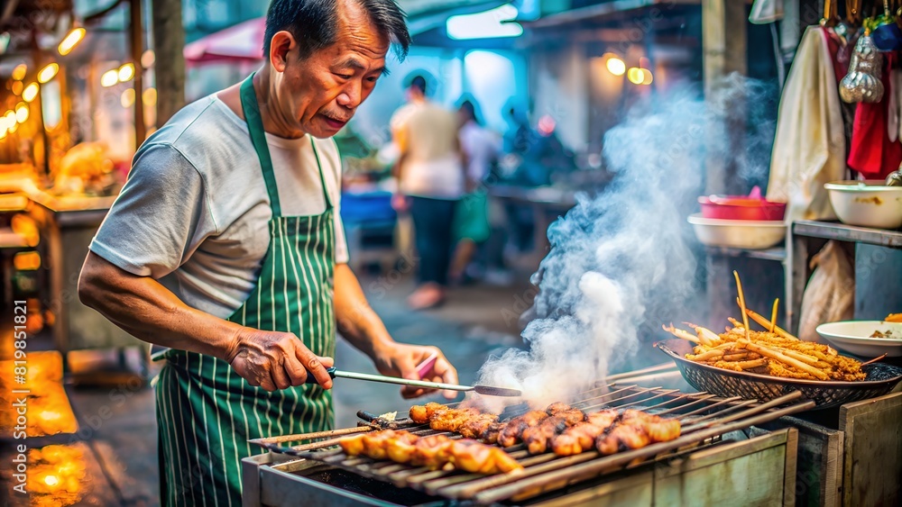 Man grilling pork, Thai street food for sale. top view Man grilling pork, Thai street food for sale. top view