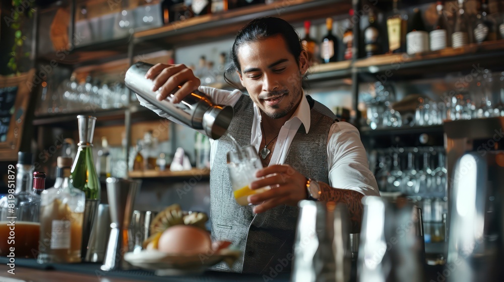 A charismatic bartender from Latin America pours ingredients into a cocktail shaker, creating delicious drinks with style and finesse. A charismatic bartender from Latin America pours ingredients into a cocktail shaker, creating delicious drinks with style and finesse.