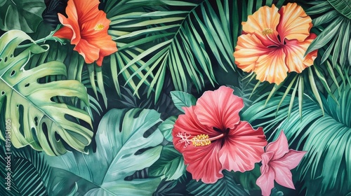 Watercolor illustration of tropical leaves and flowers, showcasing a mix of banana leaves, orchids, and heliconia