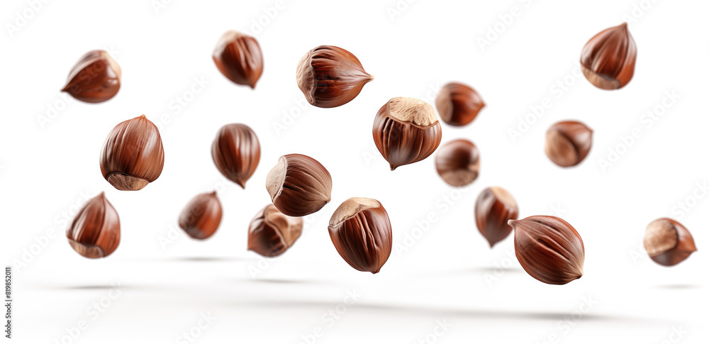 Close-Up of Floating Hazelnuts on White Background. Close-Up of Floating Hazelnuts on White Background.