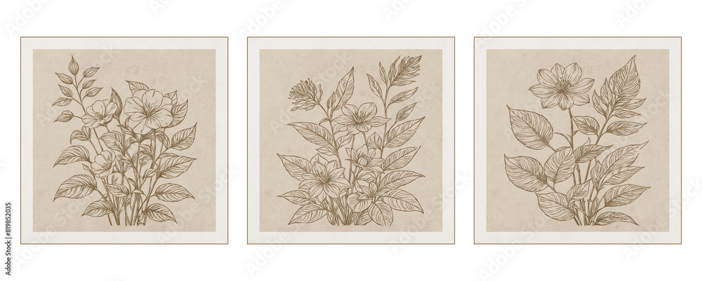 Set of 3 Printable botanical illustration. Rustic style home decor, wall decoration, picture in the frame. Grunge, vintage illustration. Generated by Ai Set of 3 Printable botanical illustration. Rustic style home decor, wall decoration, picture in the frame. Grunge, vintage illustration. Generated by Ai