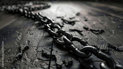A symbolic image of a broken chain on a courtroom table, signifying the triumph of justice and the end of oppression or wrongful imprisonment photo