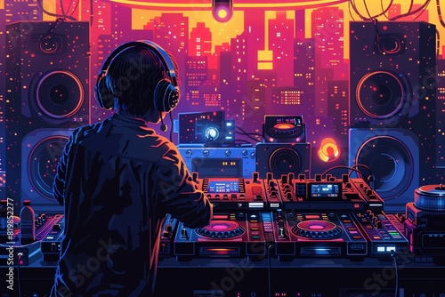 A DJ is mixing music in a club. The DJ is wearing headphones and is surrounded by turntables and mixers. The club is dark and the lights are flashing. photo