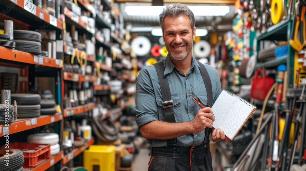 Cheerful salesman in an auto parts store, with a notebook in hand Cheerful salesman in an auto parts store, with a notebook in hand