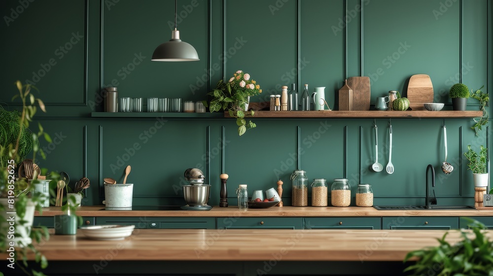 Kitchen design showcasing sleek green wall panels complemented by a rustic wooden shelf, Kitchen design showcasing sleek green wall panels complemented by a rustic wooden shelf,