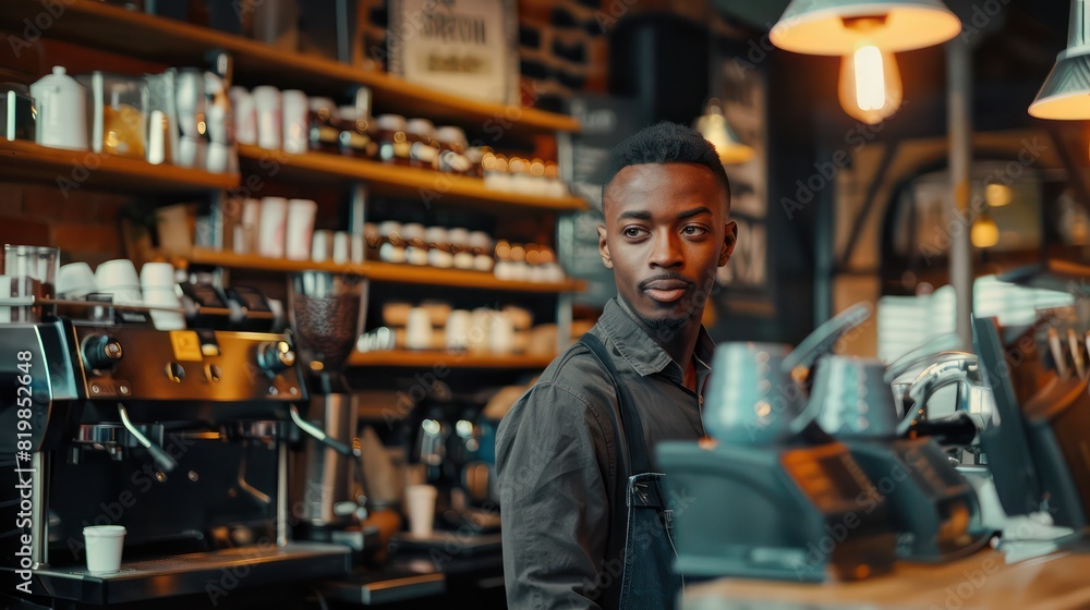 A focused young coffee shop owner stands behind the counter, their attention to detail and commitment to excellence reflected in the meticulously crafted beverages they serve. A focused young coffee shop owner stands behind the counter, their attention to detail and commitment to excellence reflected in the meticulously crafted beverages they serve.