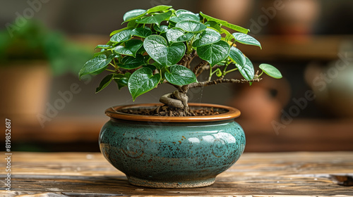 Potted houseplant with green heart-shaped leaves resting on wooden surface. Concept of nature  growth  and home decor.