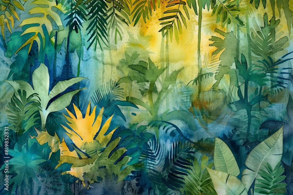 A tropical-inspired watercolor texture with vibrant greens, blues, and yellows, evoking the lush landscapes of a jungle paradise