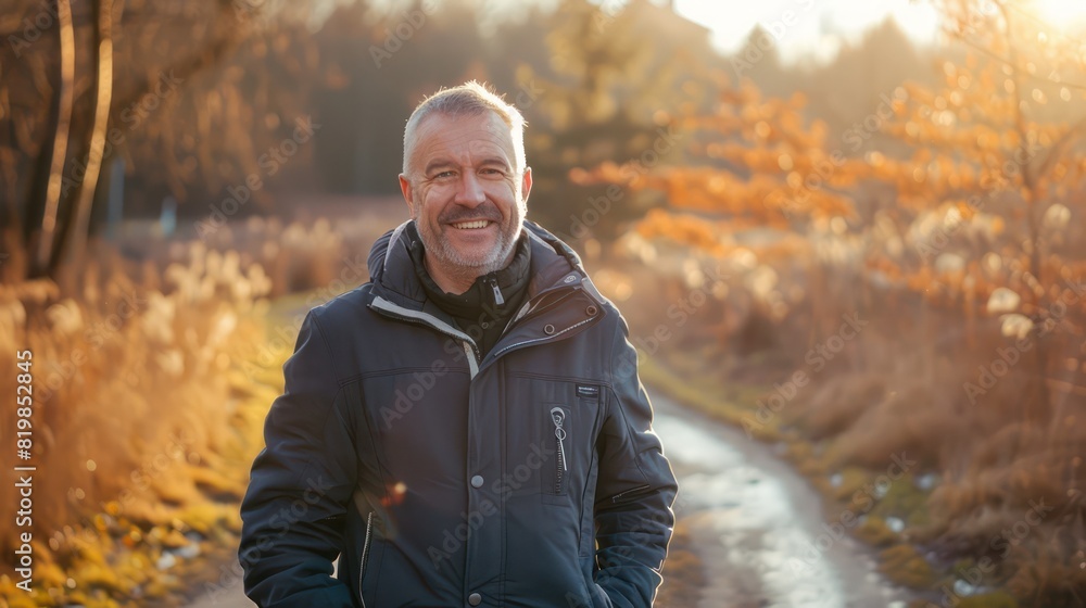 A healthy man enjoys a morning walk in the fresh air, his cheerful disposition evident in his smiling face and lively stride. A healthy man enjoys a morning walk in the fresh air, his cheerful disposition evident in his smiling face and lively stride.
