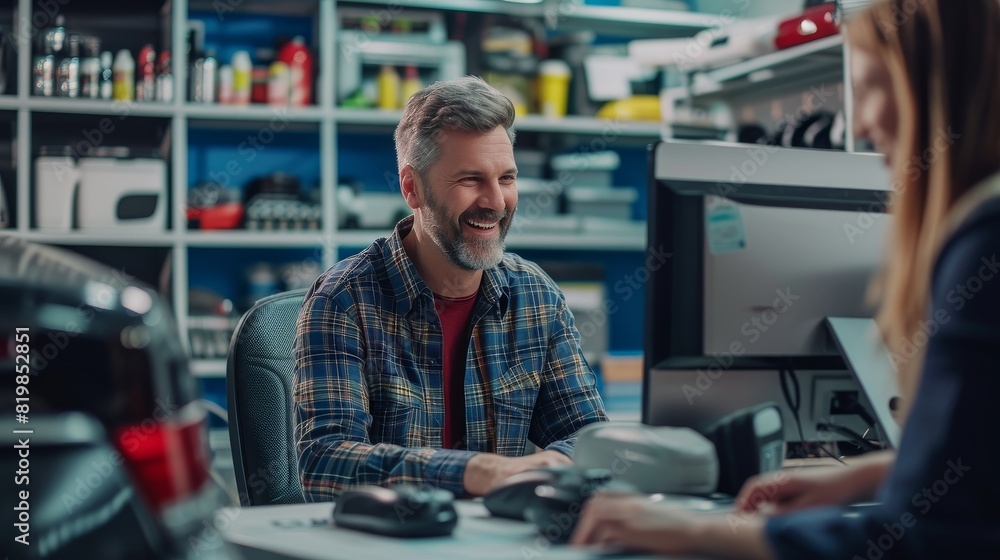 Auto shop salesman seated at a desk with a computer, engaging with a customer and smiling Auto shop salesman seated at a desk with a computer, engaging with a customer and smiling